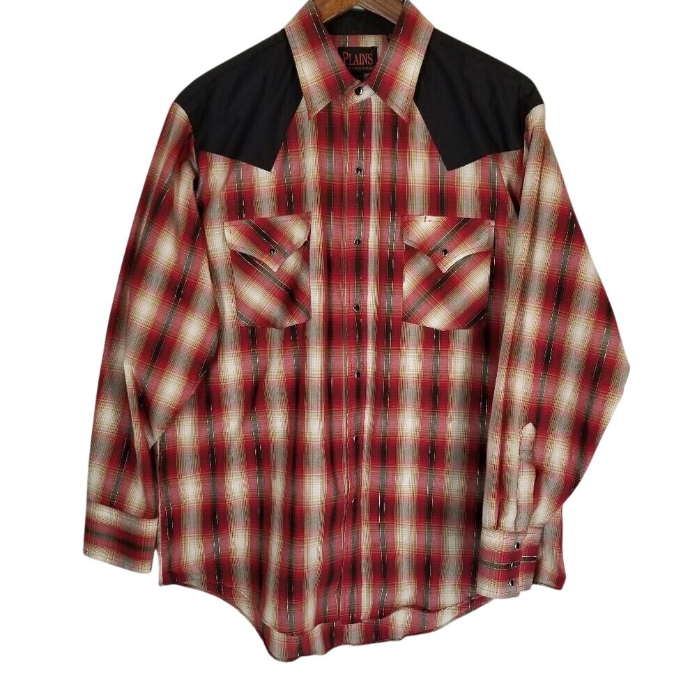 Plains Western Wear Red Plaid Men's Casual Button Down Shirt
